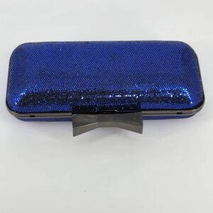 Vintage Blue Sparkle Bow Hard Shell Clutch Crossbody Purse Gunmetal Chain 7”